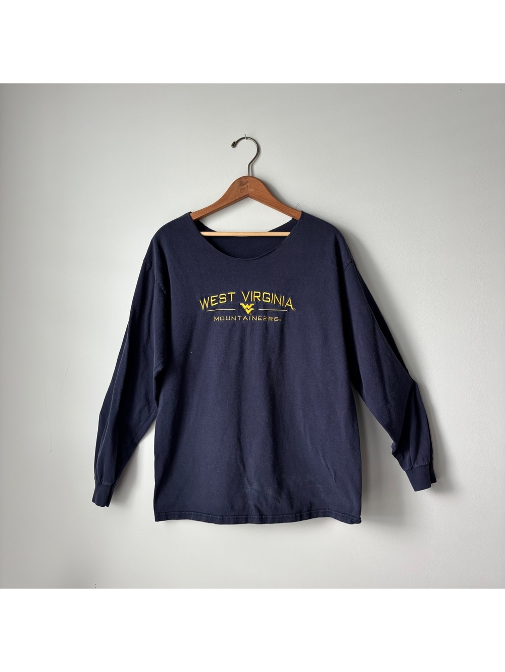West Virginia Mountaineers Embroidered Long Sleeve Shirt Navy Cut Neck WVU Large